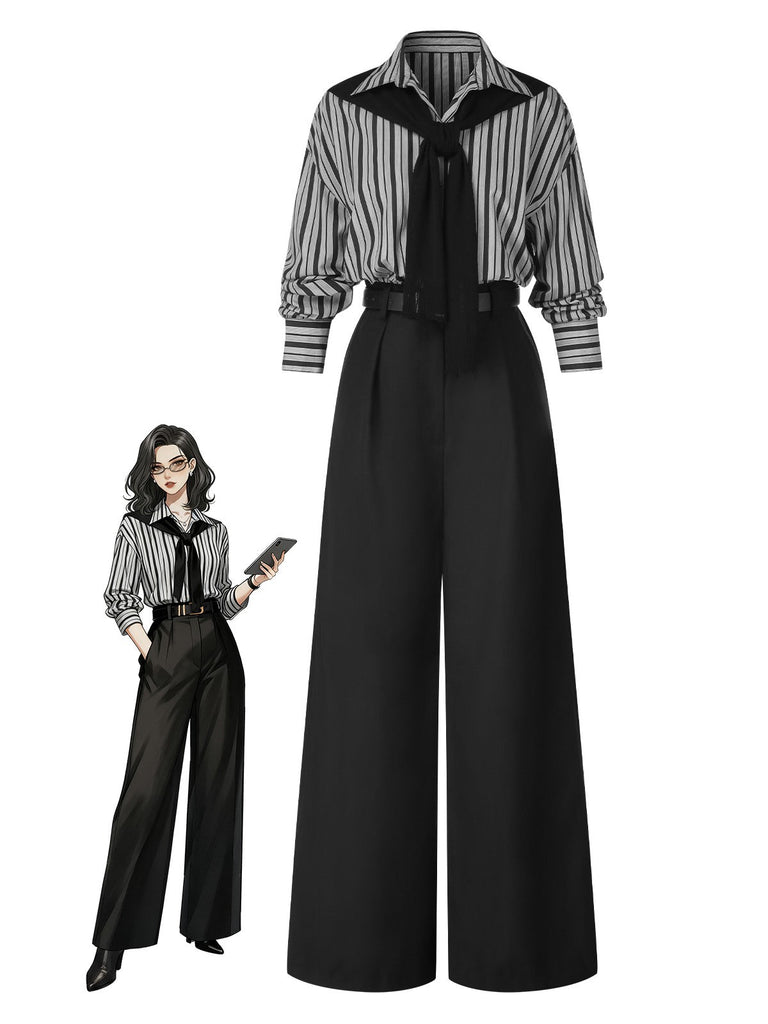 [Vorverkauf] Schwarz 1940er Hemdkragen Streifen Jumpsuit Mit Kap