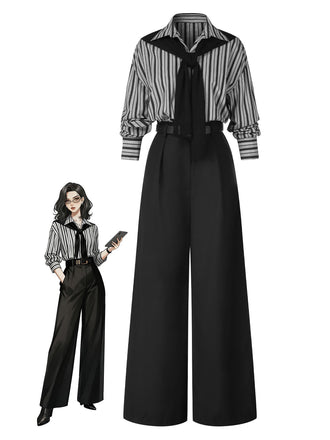 Schwarz 1940er Hemdkragen Streifen Jumpsuit Mit Kap