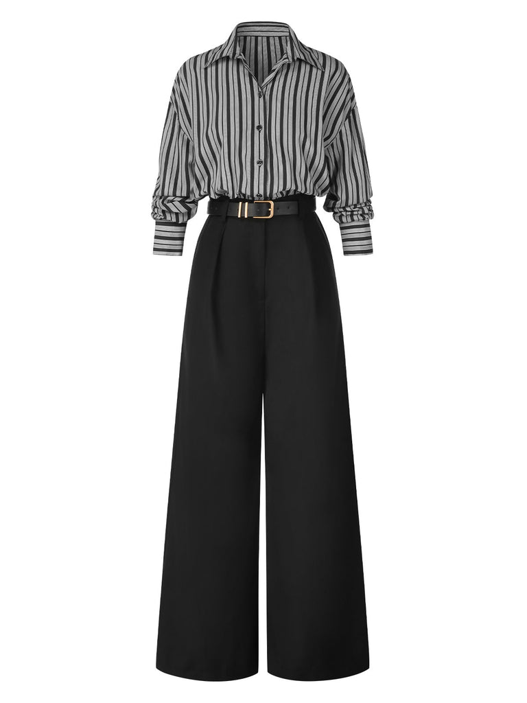 [Vorverkauf] Schwarz 1940er Hemdkragen Streifen Jumpsuit Mit Kap