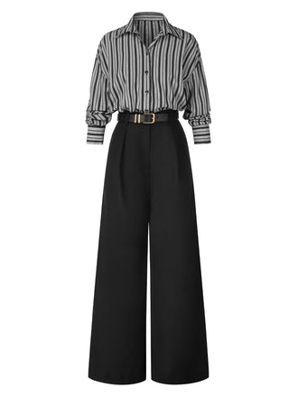 Schwarz 1940er Hemdkragen Streifen Jumpsuit Mit Kap