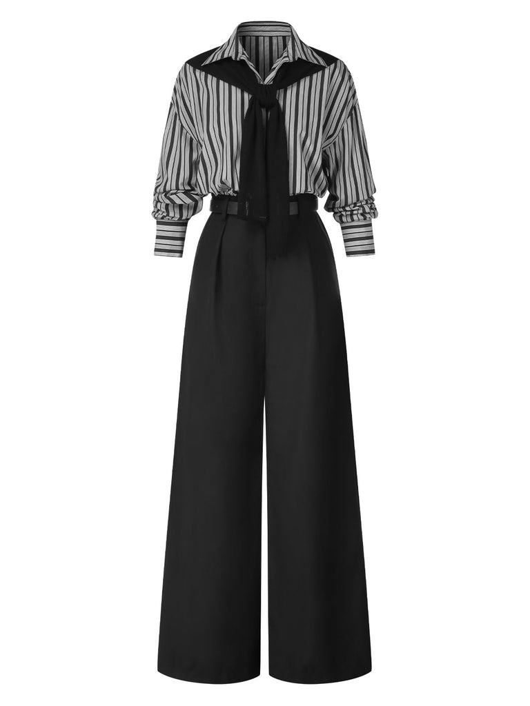 [Vorverkauf] Schwarz 1940er Hemdkragen Streifen Jumpsuit Mit Kap