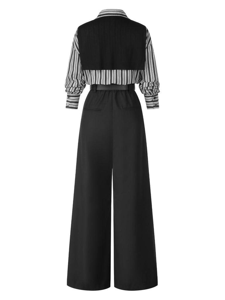 [Vorverkauf] Schwarz 1940er Hemdkragen Streifen Jumpsuit Mit Kap