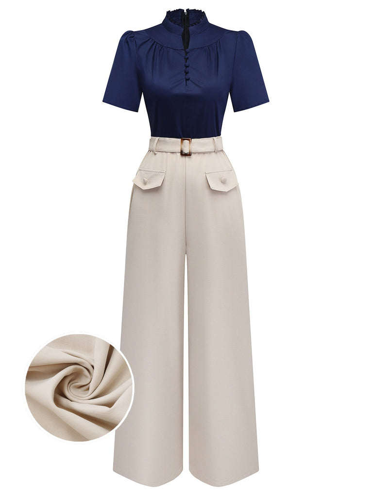 [Vorverkauf] Blau & Khaki 1930er Kontrast Stehkragen Jumpsuit
