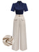 [Vorverkauf] Blau & Khaki 1930er Kontrast Stehkragen Jumpsuit