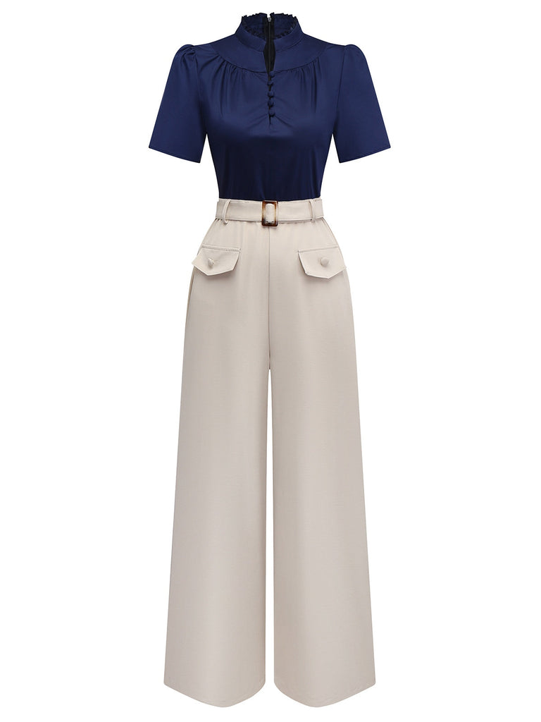 [Vorverkauf] Blau & Khaki 1930er Kontrast Stehkragen Jumpsuit