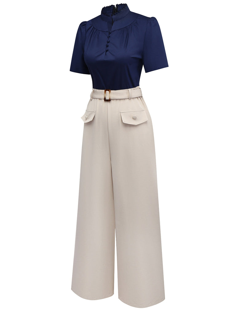 [Vorverkauf] Blau & Khaki 1930er Kontrast Stehkragen Jumpsuit