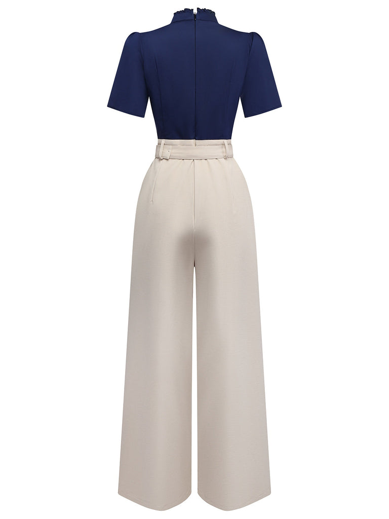 [Vorverkauf] Blau & Khaki 1930er Kontrast Stehkragen Jumpsuit