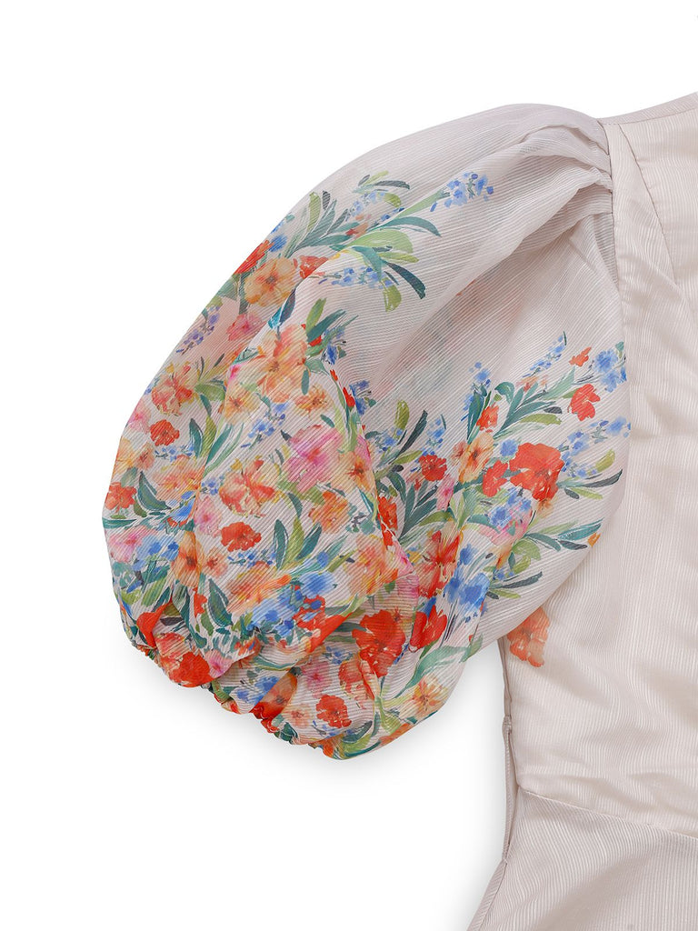 Multicolor 1950er Blumen V-Ausschnitt Laternenhülle Gürtel Kleid