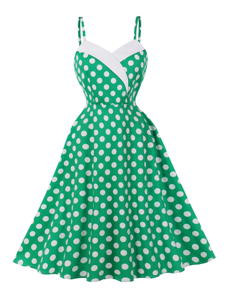 Grün 1950er Tupfen Spaghetti Träger Kleid