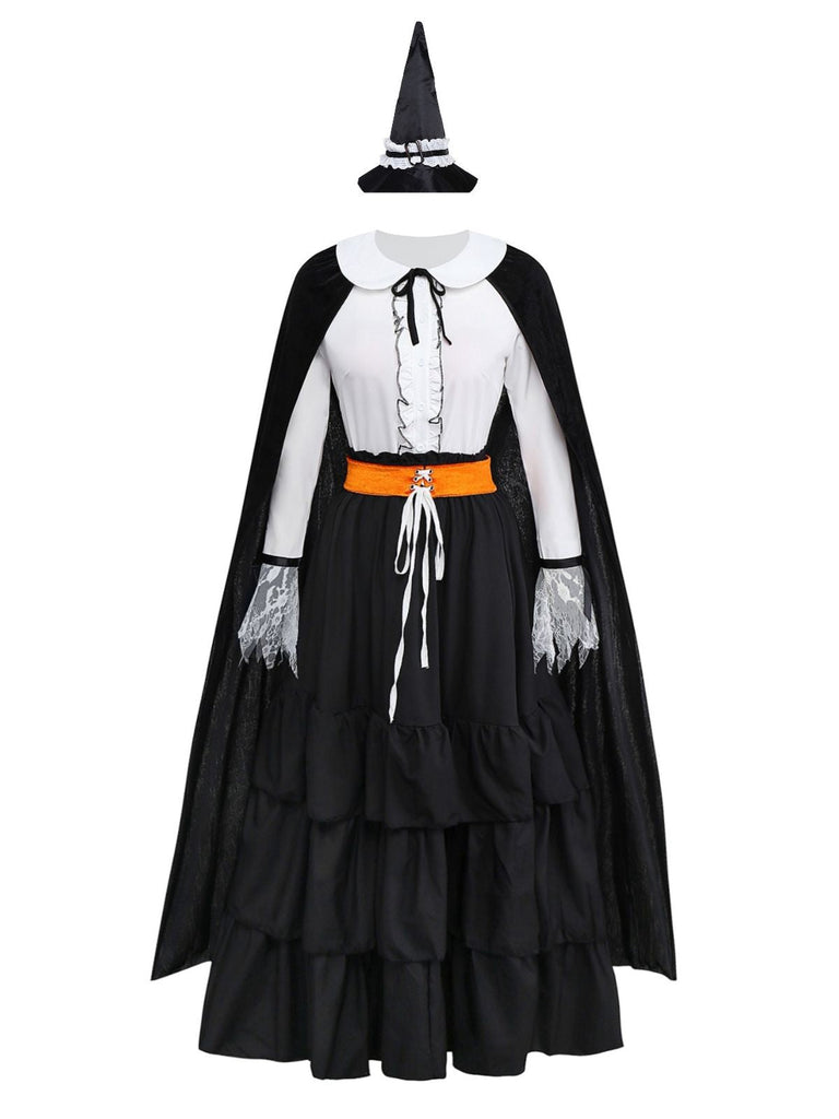 2PCS Schwarz 1950er Halloween Hexe Spitze Rüsche Bluse & Rock