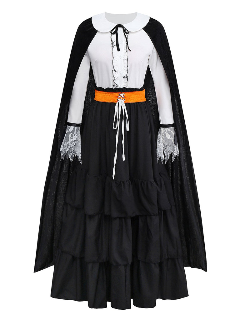 2PCS Schwarz 1950er Halloween Hexe Spitze Rüsche Bluse & Rock