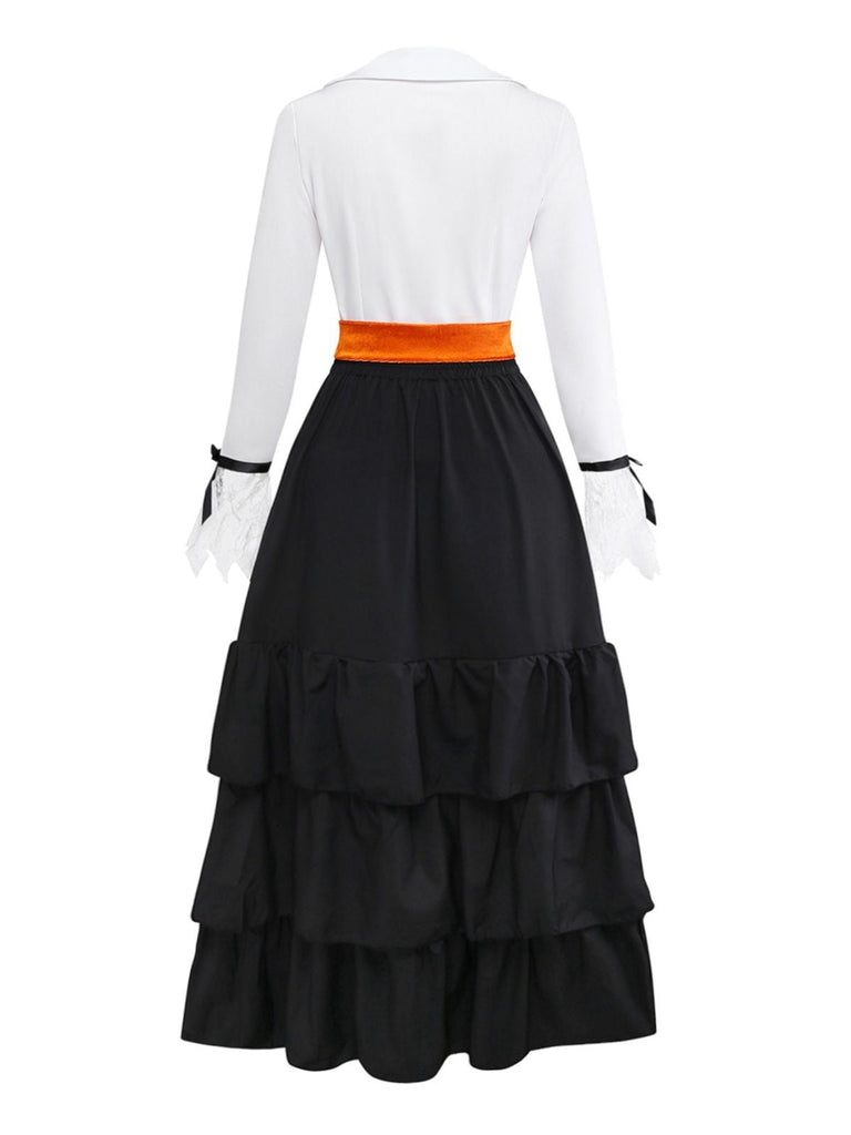2PCS Schwarz 1950er Halloween Hexe Spitze Rüsche Bluse & Rock