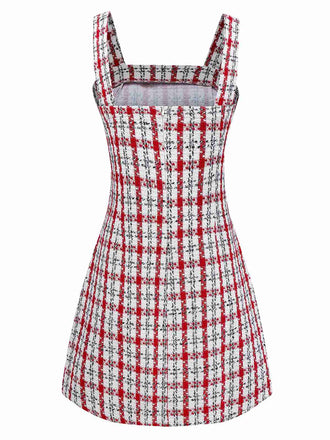 Rot 1960er Plaid Tweed Weste Kleid
