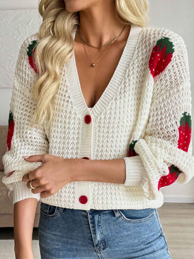 Beige 1950er Erdbeere Überschnittene Schulter Stricken Cardigan