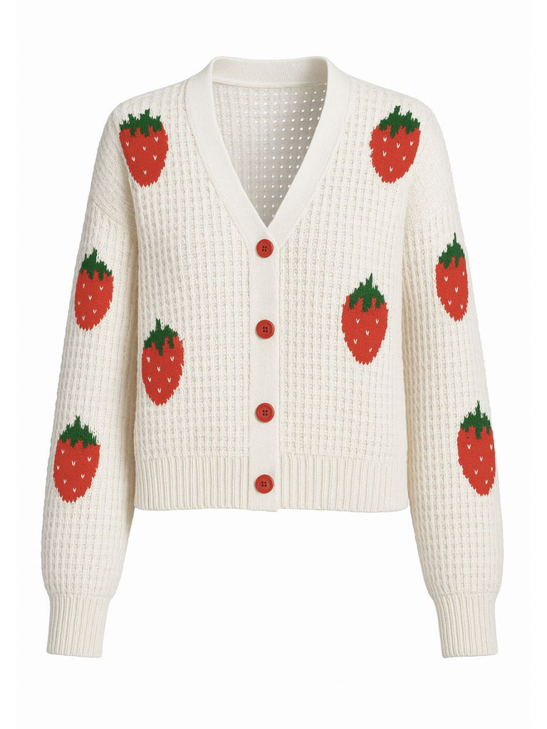 Beige 1950er Erdbeere Überschnittene Schulter Stricken Cardigan