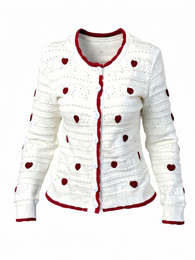 Weiß 1950er Herz Kontrast Gestrickt Strickjacke