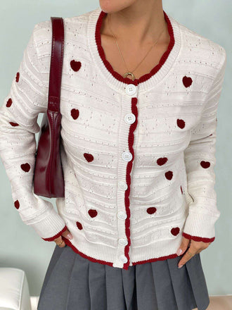 Weiß 1950er Herz Kontrast Gestrickt Strickjacke