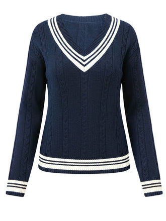 Blau 1950er Nautisch Stricken V-Ausschnitt Streifen Pullover