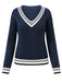 Blau 1950er Nautisch Stricken V-Ausschnitt Streifen Pullover