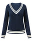 Blau 1950er Nautisch Stricken V-Ausschnitt Streifen Pullover