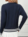 Blau 1950er Nautisch Stricken V-Ausschnitt Streifen Pullover