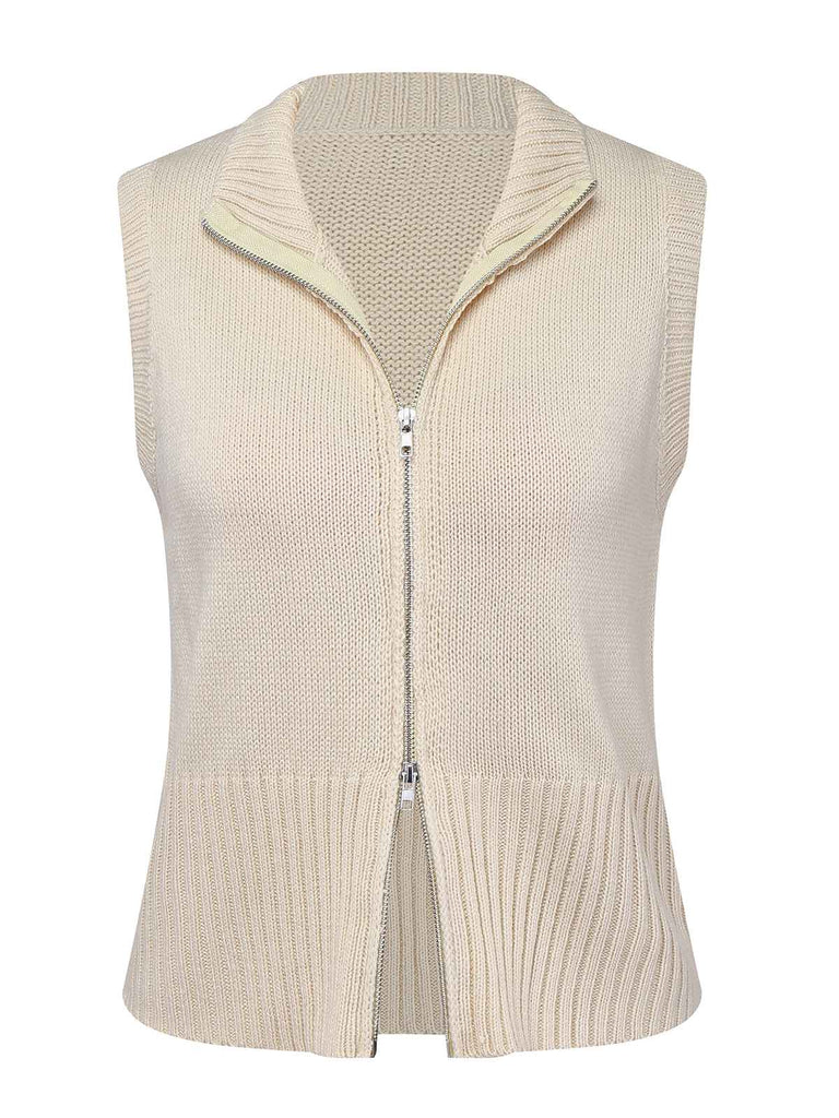Beige 1950er Revers Ärmellos Stricken Weste