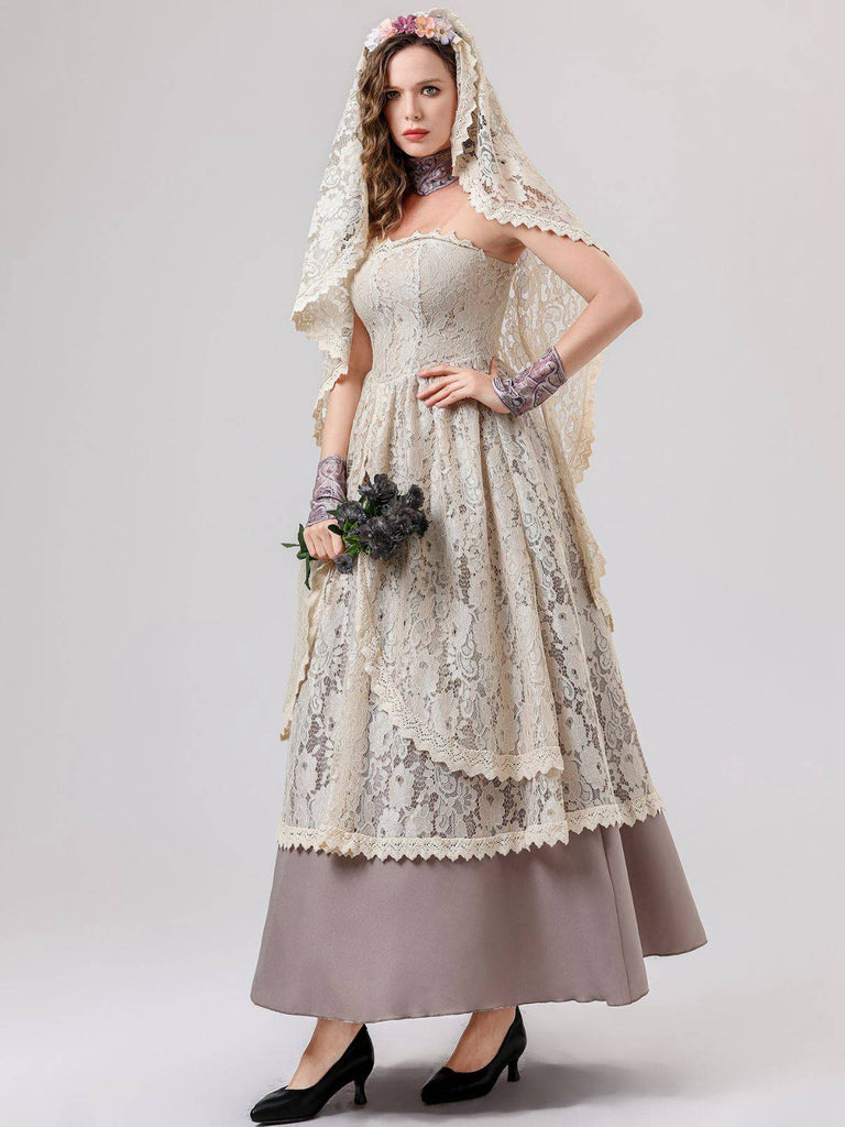 Beige 1930er Halloween Vampir Braut Spitze Kleid Set
