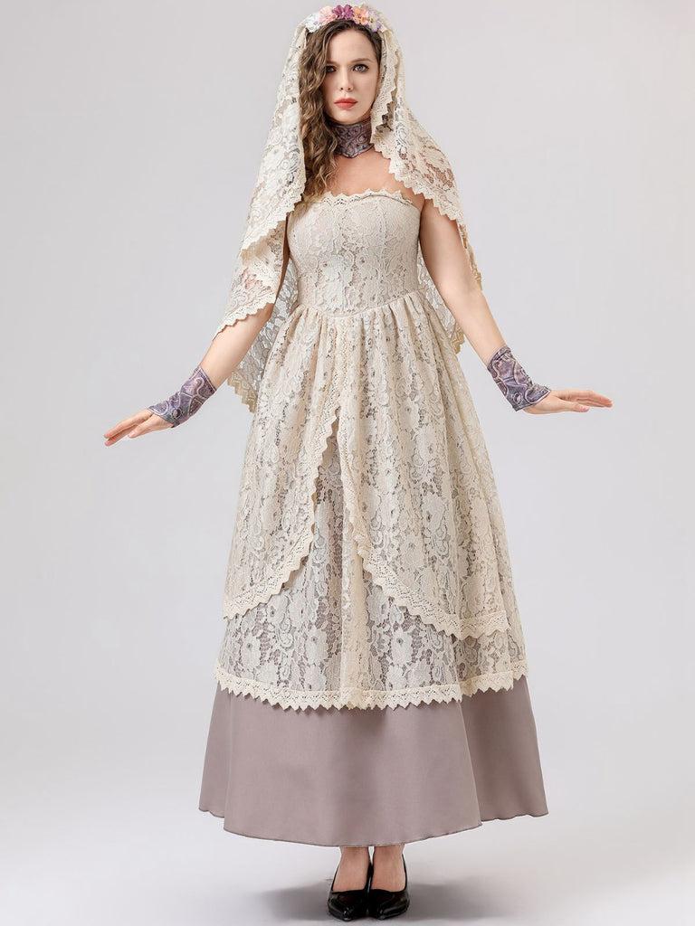 Beige 1930er Halloween Vampir Braut Spitze Kleid Set
