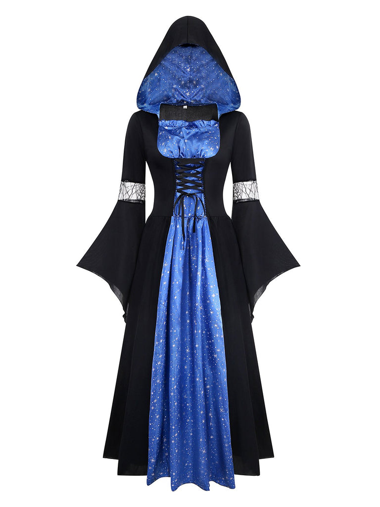 Schwarz & Blau 1930er Hexe Schnürung Kapuze Kleid