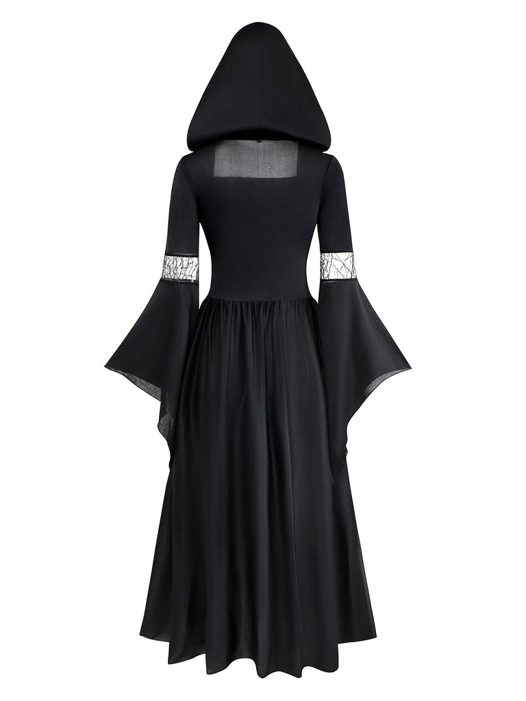 Schwarz & Blau 1930er Hexe Schnürung Kapuze Kleid
