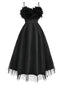 Schwarz 1930er Solide 3D Feder Netz Kleid