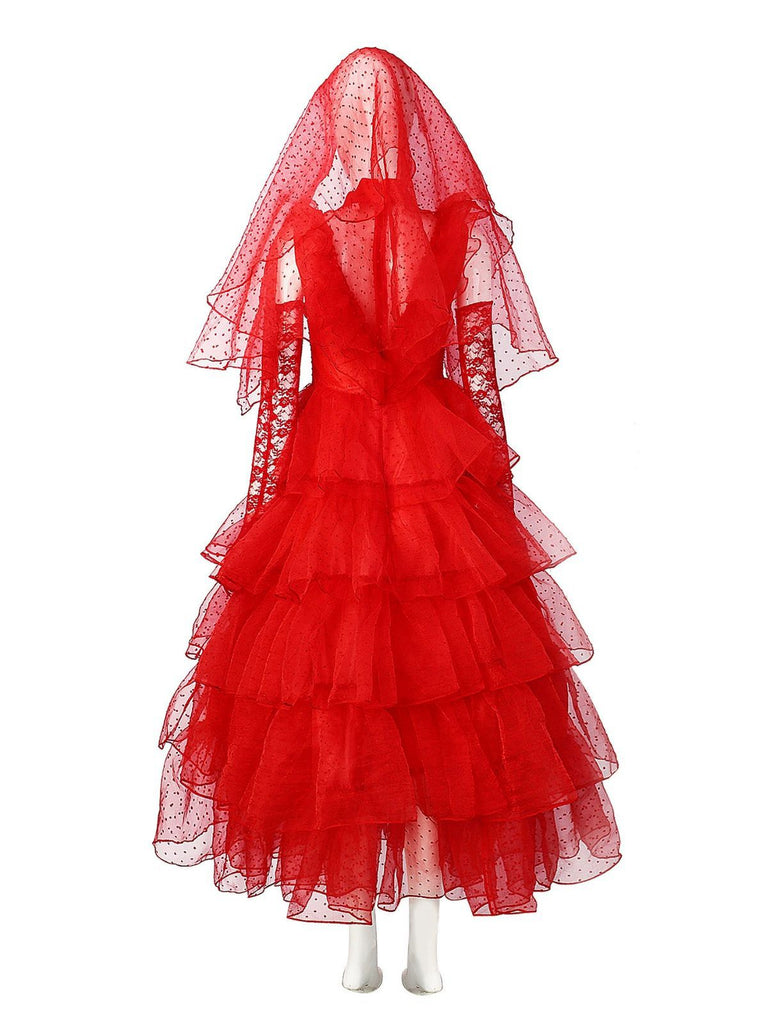 Rot 1950er Halloween Geisterbraut Dots Kleid Set