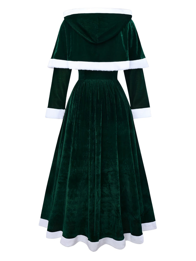 Grün 1930er Frau Weihnachtsmann Samt Kleid mit Kap
