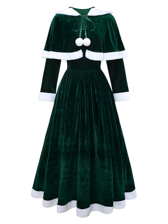 Grün 1930er Frau Weihnachtsmann Samt Kleid mit Kap