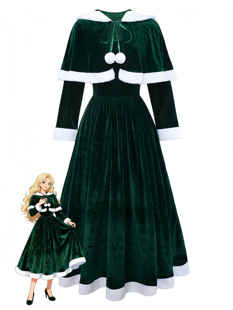 Grün 1930er Frau Weihnachtsmann Samt Kleid mit Kap