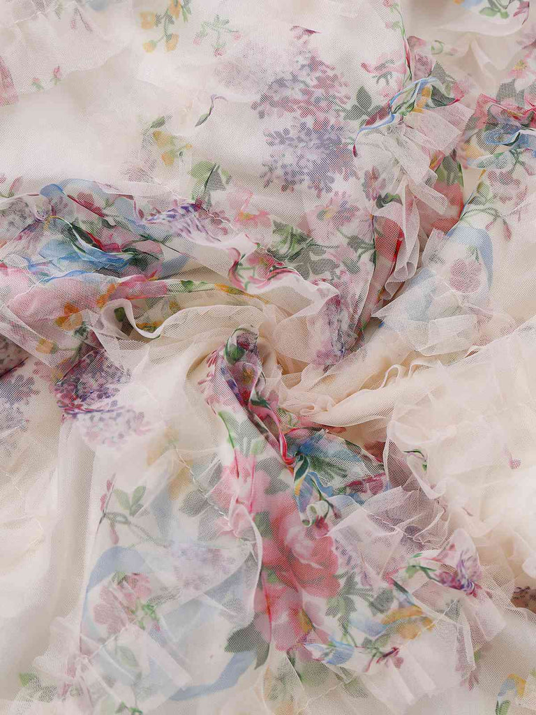 Mehrfarbig 1930er Blumen Netz Schulterfrei Maxi Kleid