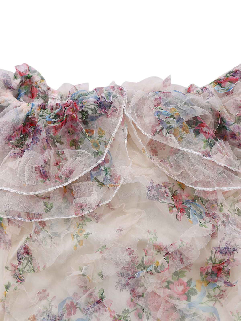 Mehrfarbig 1930er Blumen Netz Schulterfrei Maxi Kleid