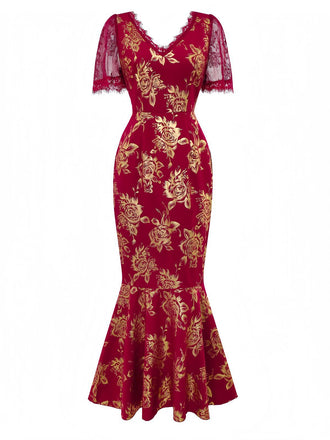 Rot 1930er Goldfolie Blumen Meerjungfrauen Durchsichtig Kleid