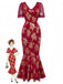 Rot 1930er Goldfolie Blumen Meerjungfrauen Durchsichtig Kleid