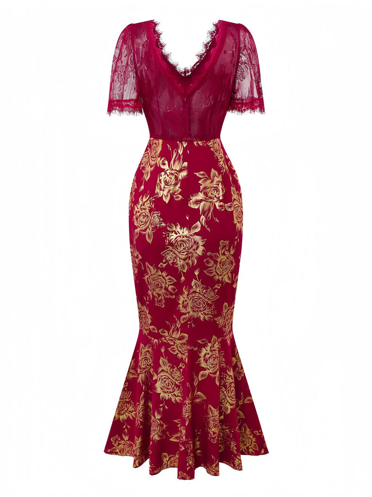 Rot 1930er Goldfolie Blumen Meerjungfrauen Durchsichtig Kleid