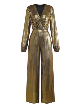 Gold 1930er Metallisch Stoff V-Ausschnitt Jumpsuit