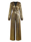 Gold 1930er Metallisch Stoff V-Ausschnitt Jumpsuit