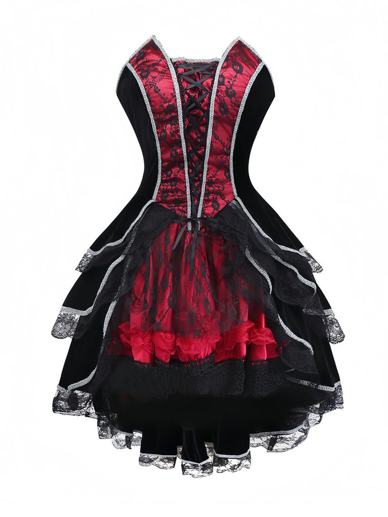 Rot 1970er Schläger Trägerlos Spitze Hoch-Tief Saum Kleid