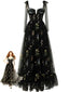 Schwarz 1930er Slip Bestickt Blumen Netz Maxi Kleid