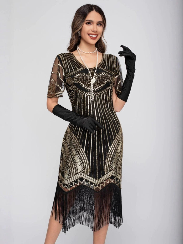 1920er Rundhalsausschnitt Pailletten Tassels Charleston Kleid