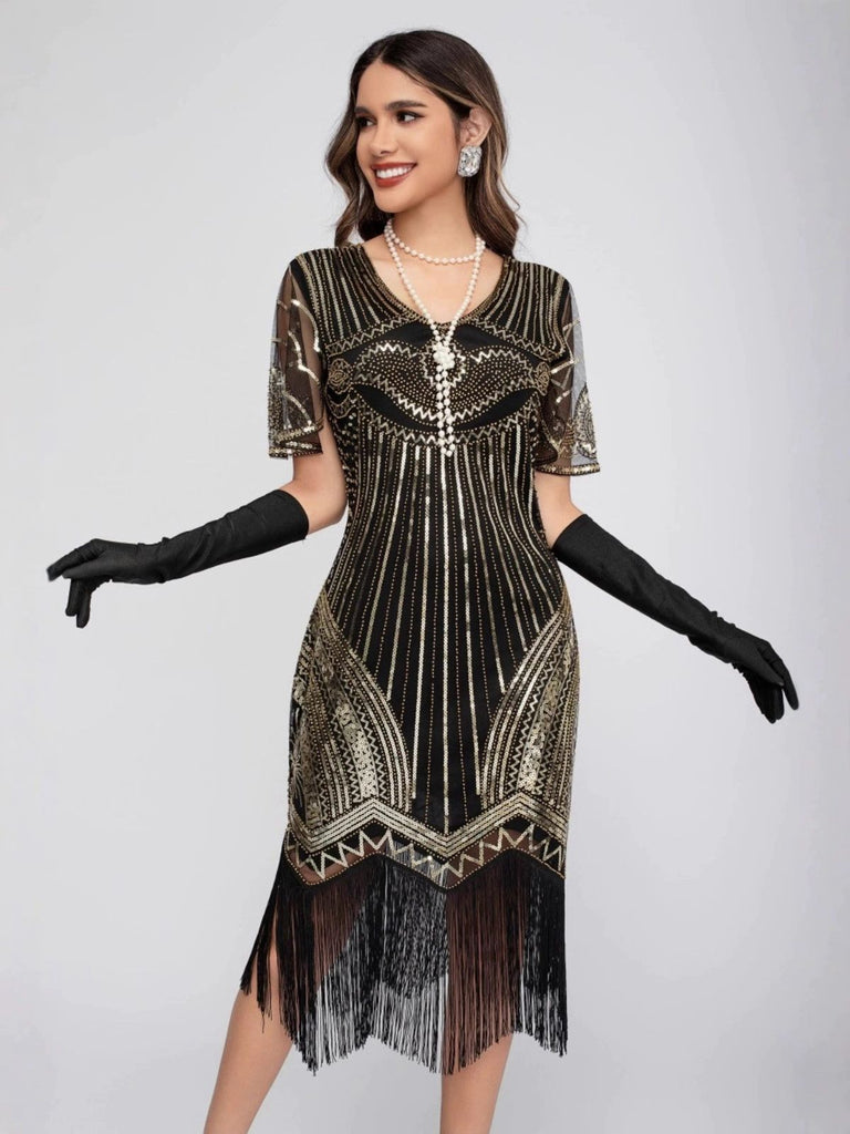 1920er Rundhalsausschnitt Pailletten Tassels Charleston Kleid