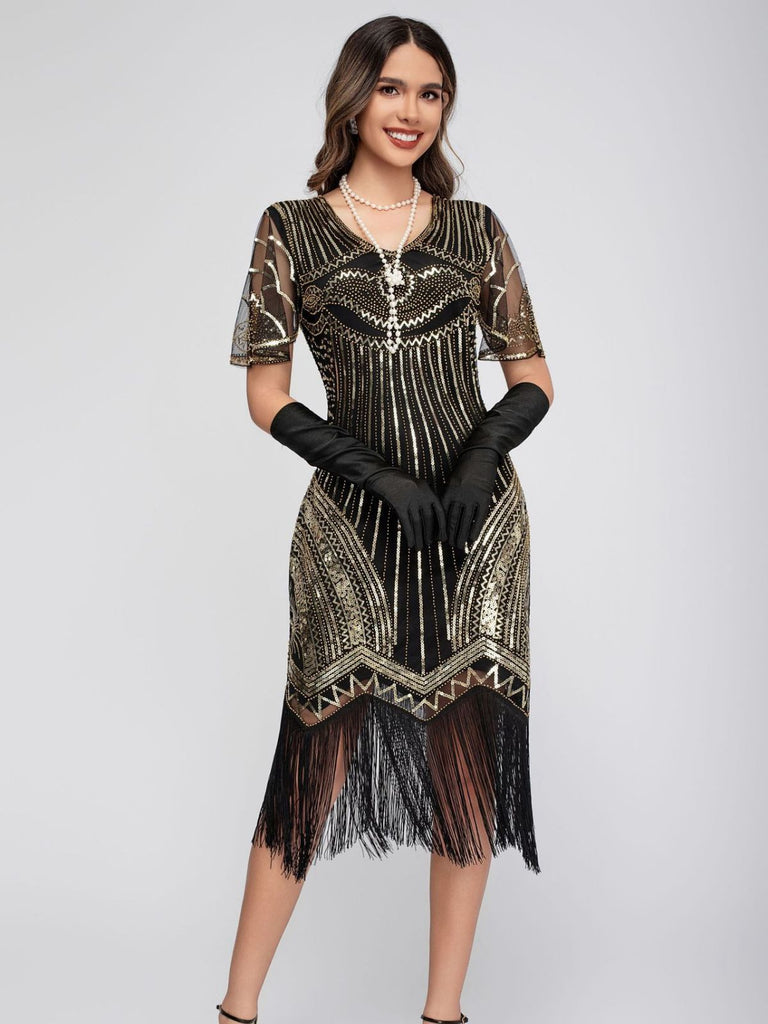 1920er Rundhalsausschnitt Pailletten Tassels Charleston Kleid