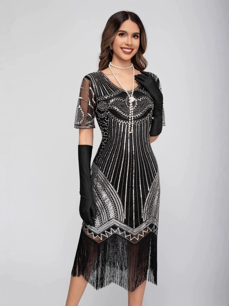 1920er Rundhalsausschnitt Pailletten Tassels Charleston Kleid