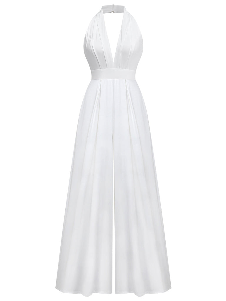 1970er Tief-V-Ausschnitt Solide Super Weitbein Jumpsuit