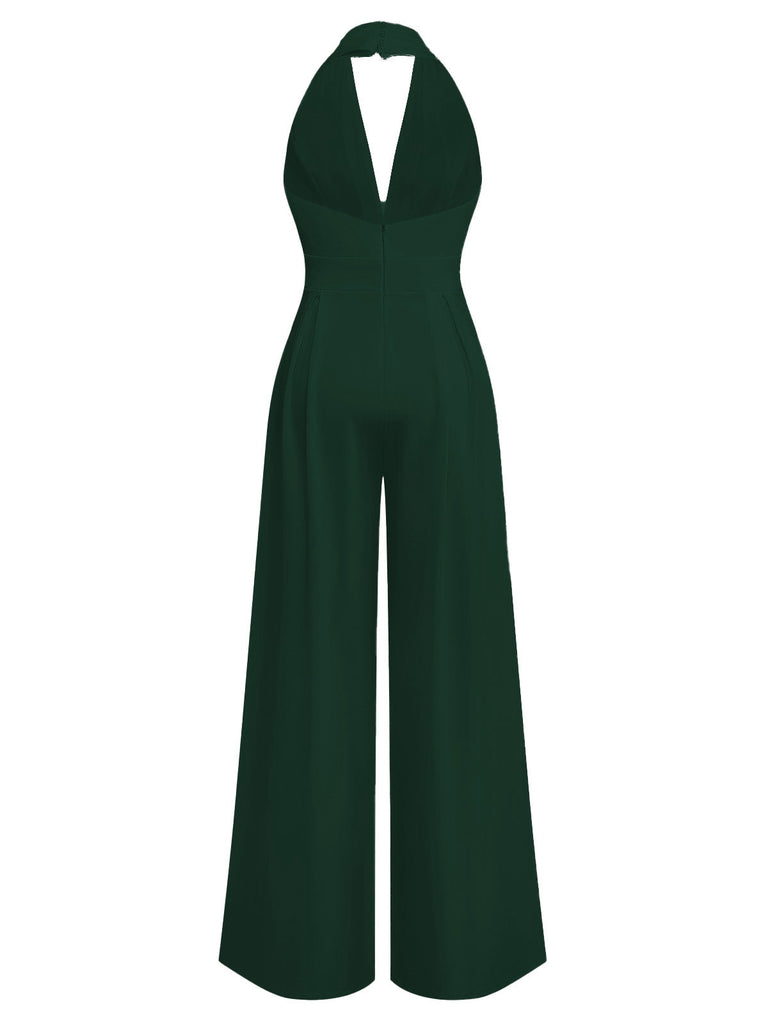 1970er Tief-V-Ausschnitt Solide Super Weitbein Jumpsuit